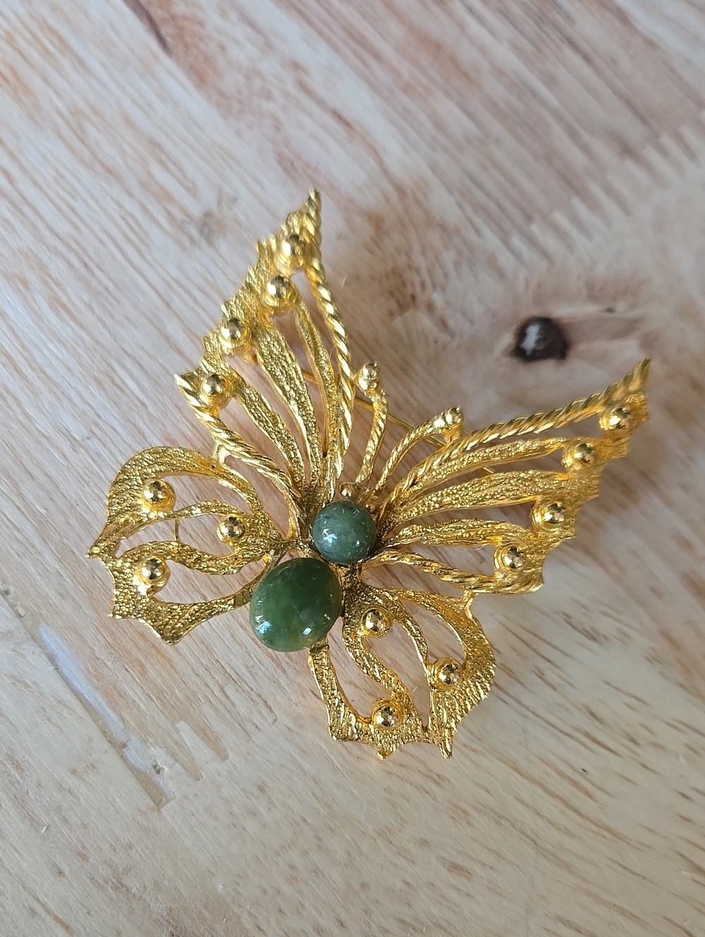 Gold-Tone Butterfly Brooch with Green Jade Accents